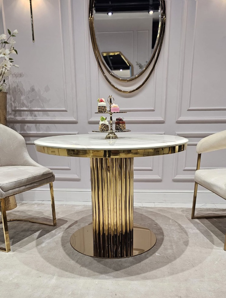 STÓŁ JADALNIANY okrągły Riviera, podstawa ze stali błyszczącej w kształcie rurek, biały blat z konglomeratu (możliwość zmiany blatu) - 100 cm