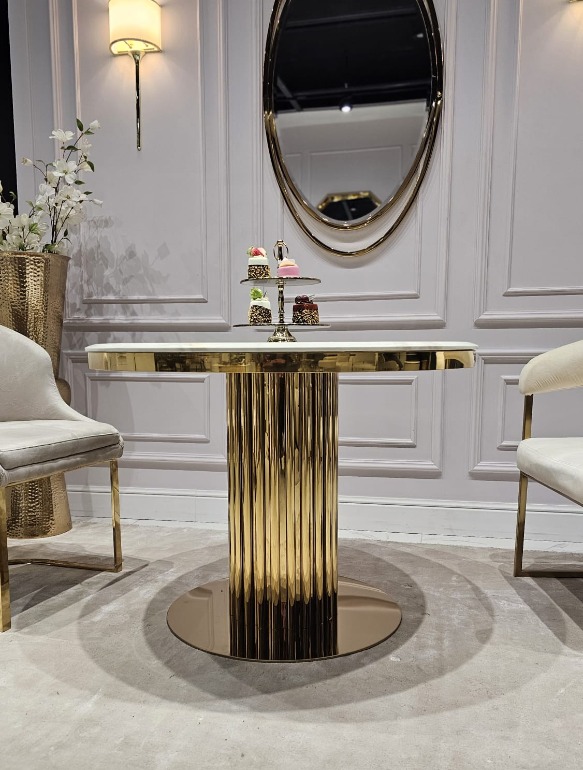 STÓŁ JADALNIANY okrągły Riviera, podstawa ze stali błyszczącej w kształcie rurek, biały blat z konglomeratu (możliwość zmiany blatu) – 100 cm, elegancki STÓŁ JADALNIANY okrągły Riviera, podstawa ze stali błyszczącej w kształcie rurek, biały blat z konglomeratu (możliwość zmiany blatu) – 100 cm, elegancki