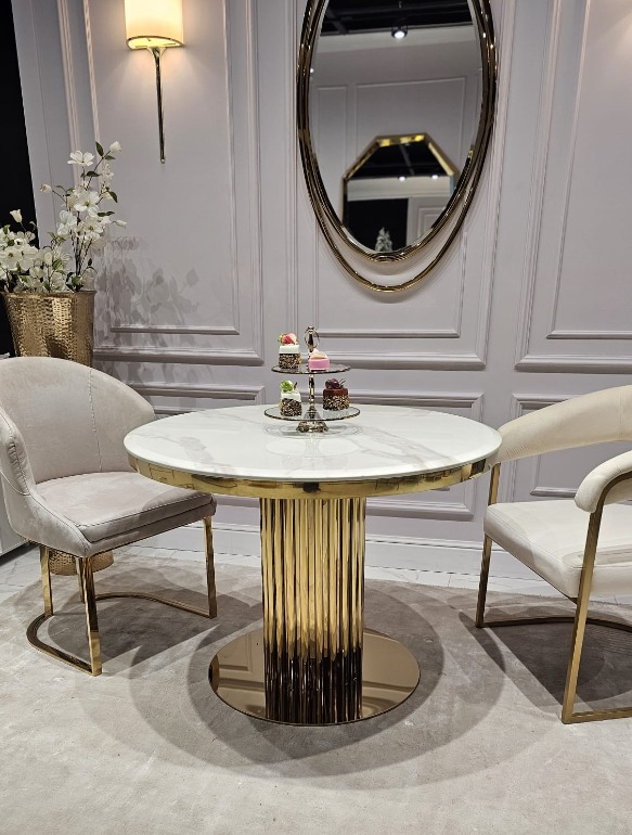 STÓŁ JADALNIANY okrągły Riviera, podstawa ze stali błyszczącej w kształcie rurek, biały blat z konglomeratu (możliwość zmiany blatu) – 100 cm, nowczesny glamour STÓŁ JADALNIANY okrągły Riviera, podstawa ze stali błyszczącej w kształcie rurek, biały blat z konglomeratu (możliwość zmiany blatu) – 100 cm, nowczesny glamour