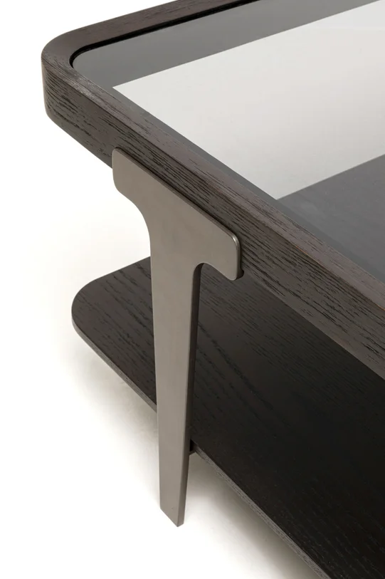 STOLIK KAWOWY Divine kwadratowy, szklany blat, drewniana dolna półka, ciemno brązowa kolorystyka, nowoczesny styl, ekskluzywny