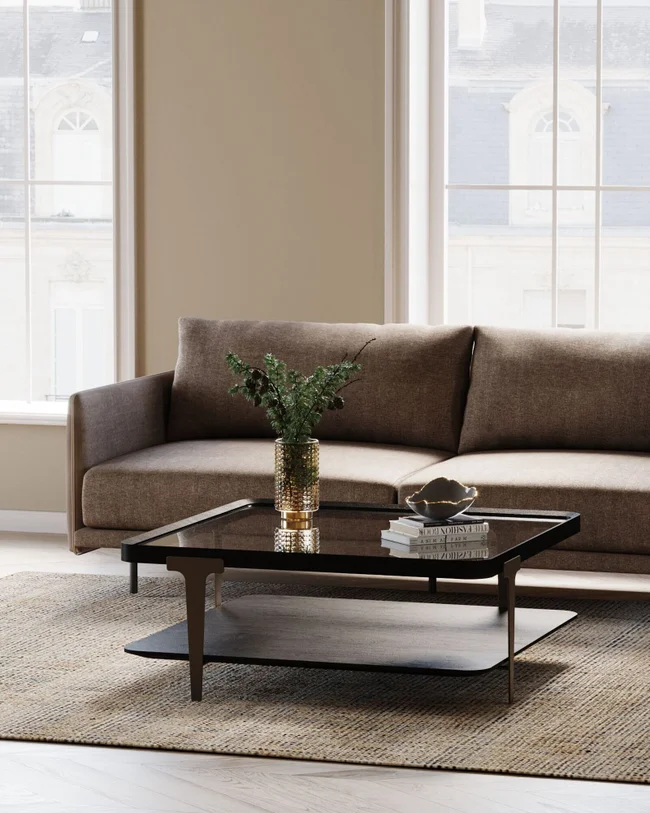 STOLIK KAWOWY Divine kwadratowy, szklany blat, drewniana dolna półka, ciemno brązowa kolorystyka, nowoczesny styl, premium