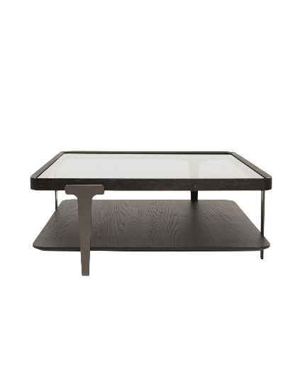 STOLIK KAWOWY Divine kwadratowy, szklany blat, drewniana dolna półka, ciemno brązowa kolorystyka, nowoczesny styl