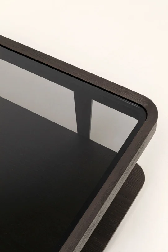 STOLIK KAWOWY Divine kwadratowy, szklany blat, drewniana dolna półka, ciemno brązowa kolorystyka, nowoczesny styl, wyjątkowy