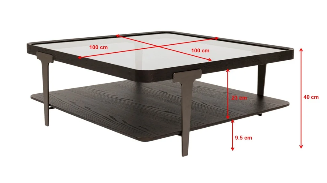 STOLIK KAWOWY Divine kwadratowy, szklany blat, drewniana dolna półka, ciemno brązowa kolorystyka, nowoczesny styl, wymiary