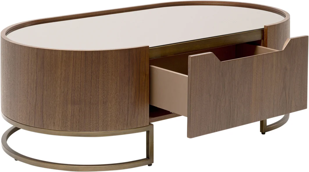 STOLIK KAWOWY Giorgio o zaokrąglonych bokach, jedna szuflada, brązowy kolor, szklany blat, nowoczesny styl, ekskluzywny STOLIK KAWOWY Giorgio o zaokrąglonych bokach, jedna szuflada, brązowy kolor, szklany blat, nowoczesny styl, ekskluzywny