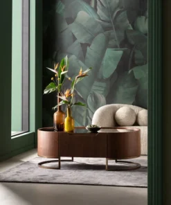 STOLIK KAWOWY Giorgio o zaokrąglonych bokach, jedna szuflada, brązowy kolor, szklany blat, nowoczesny styl, piękny