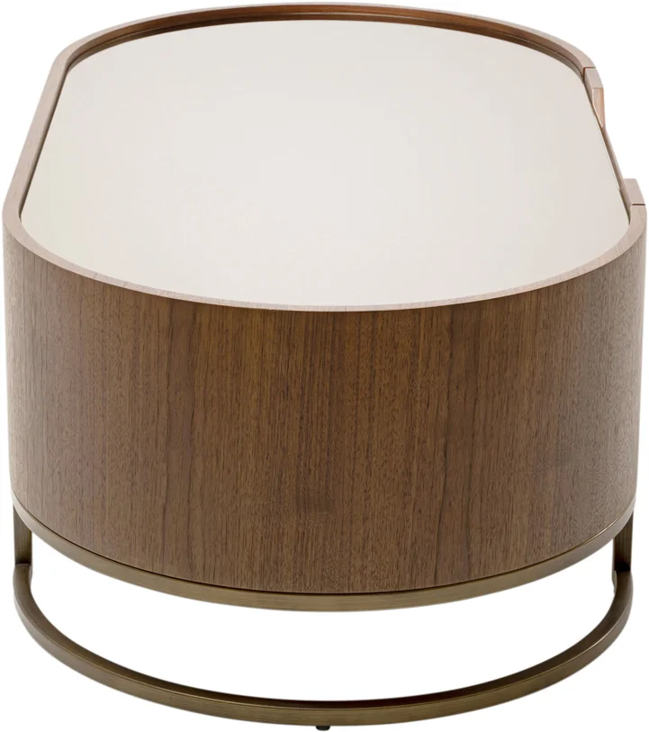 STOLIK KAWOWY Giorgio o zaokrąglonych bokach, jedna szuflada, brązowy kolor, szklany blat, nowoczesny styl, premium STOLIK KAWOWY Giorgio o zaokrąglonych bokach, jedna szuflada, brązowy kolor, szklany blat, nowoczesny styl, premium