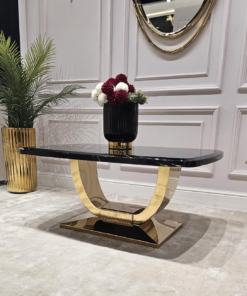 STOLIK KAWOWY RING na złotej błyszczącej podstawie, prostokątny, czarny blat z konglomeratu marmurowego, nowoczesny glamour - 100 cm