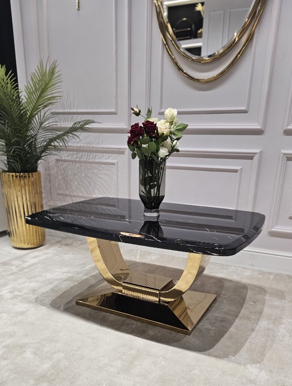STOLIK KAWOWY RING na złotej błyszczącej podstawie, prostokątny, czarny blat z konglomeratu marmurowego, nowoczesny glamour, ekskluzywny
