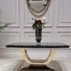 STOLIK KAWOWY RING na złotej błyszczącej podstawie, prostokątny, czarny blat z konglomeratu marmurowego, nowoczesny glamour, piękny