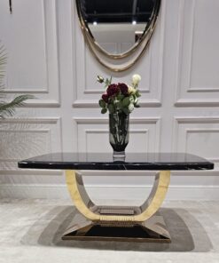 STOLIK KAWOWY RING na złotej błyszczącej podstawie, prostokątny, czarny blat z konglomeratu marmurowego, nowoczesny glamour, piękny