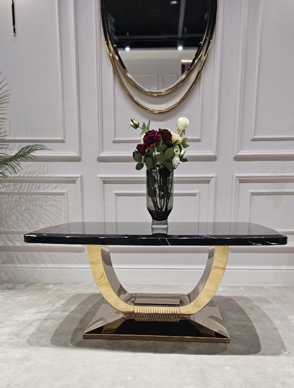 STOLIK KAWOWY RING na złotej błyszczącej podstawie, prostokątny, czarny blat z konglomeratu marmurowego, nowoczesny glamour, piękny