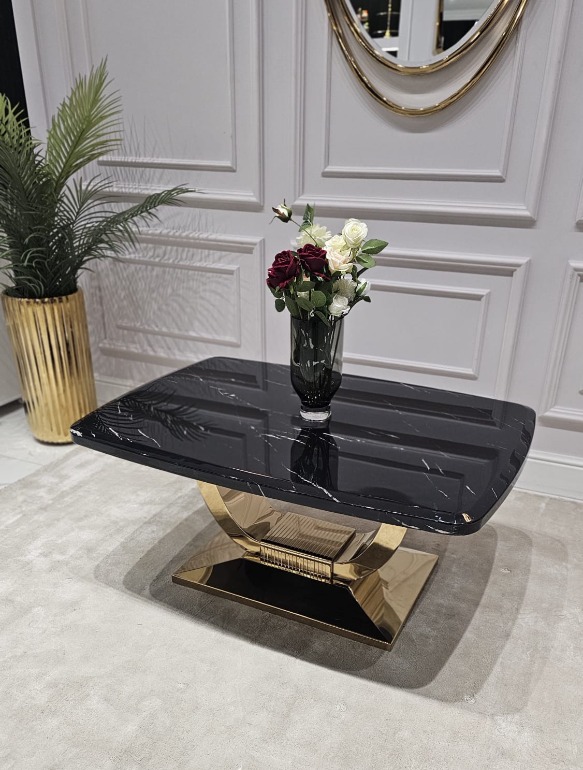 STOLIK KAWOWY RING na złotej błyszczącej podstawie, prostokątny, czarny blat z konglomeratu marmurowego, nowoczesny glamour, premiu,