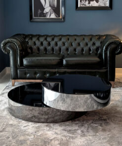 STOLIK KAWOWY obrotowy okrągły Solari, czarno-srebrny, blat z czarnego szkła, designerski styl