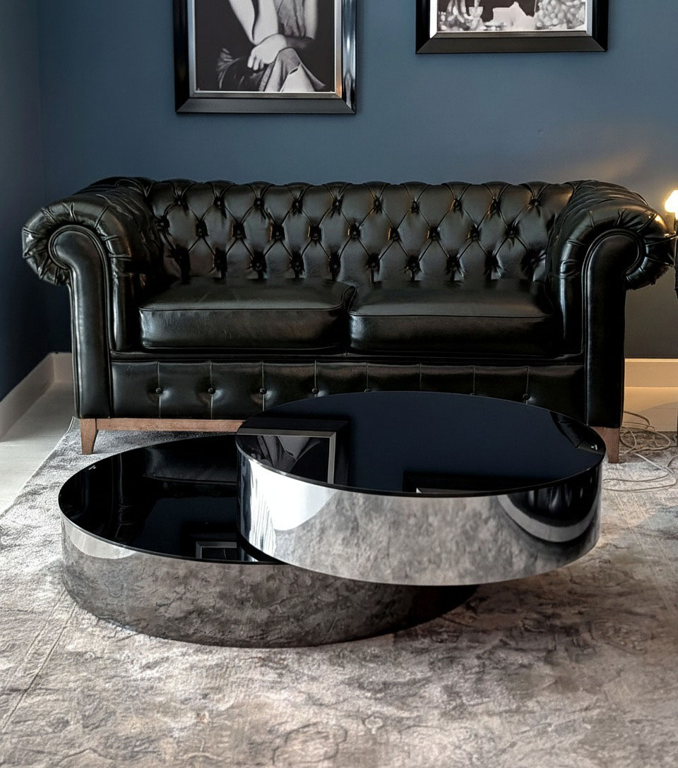 STOLIK KAWOWY obrotowy okrągły Solari, czarno-srebrny, blat z czarnego szkła, designerski styl