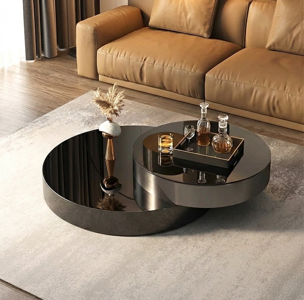 STOLIK KAWOWY obrotowy okrągły Solari, czarno-srebrny, blat z czarnego szkła, designerski styl