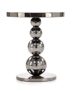STOLIK POMOCNICZY Carla okrągły, metalowo-szklany, noga w formie 4 kul, srebrno-czarna kolorystyka, ekskluzywny