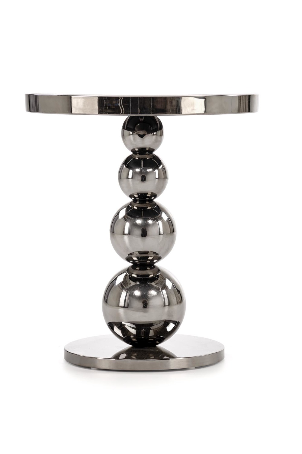 STOLIK POMOCNICZY Carla okrągły, metalowo-szklany, noga w formie 4 kul, srebrno-czarna kolorystyka, ekskluzywny