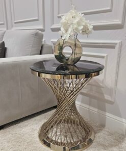 STOLIK POMOCNICZY Emporio okrągły, na złotej, zakręconej podstawie, czarny blat z konglomeratu marmurowego, designerski styl, piękny