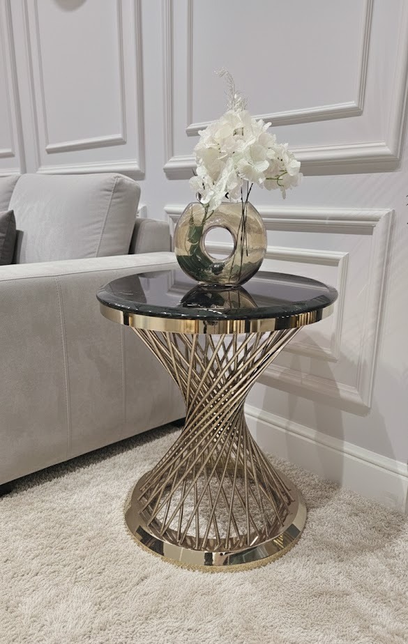 STOLIK POMOCNICZY Emporio okrągły, na złotej, zakręconej podstawie, czarny blat z konglomeratu marmurowego, designerski styl, piękny