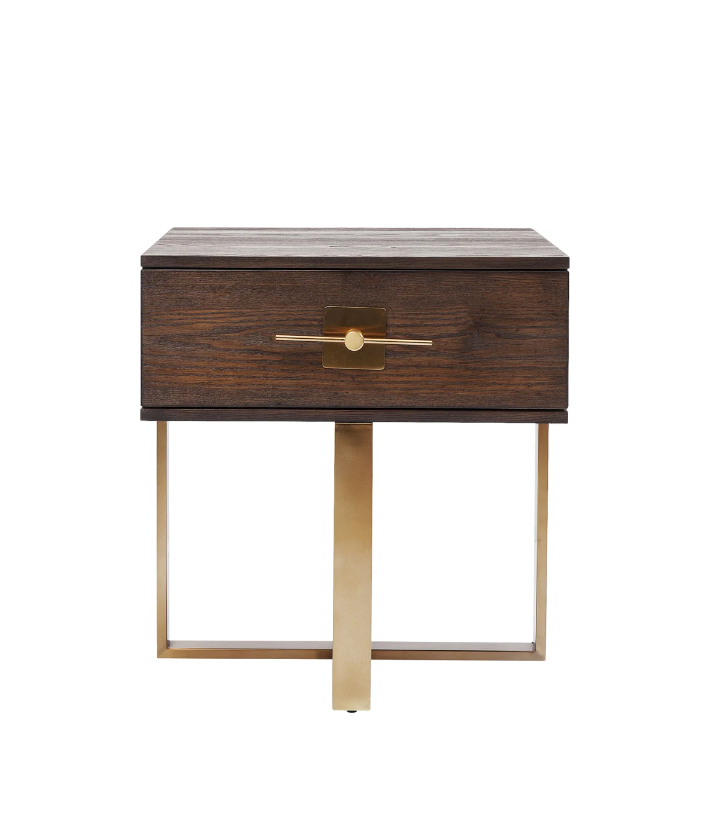 SZAFKA NOCNA Osaka kwadratowa, kolor orzechowy, jedna szuflada, metalowy stelaż w kolorze mosiądzu SZAFKA NOCNA Osaka kwadratowa, kolor orzechowy, jedna szuflada, metalowy stelaż w kolorze mosiądzu