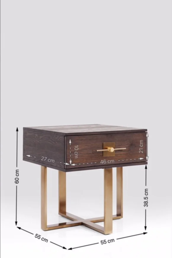 SZAFKA NOCNA Osaka kwadratowa, kolor orzechowy, jedna szuflada, metalowy stelaż w kolorze mosiądzu, wymiary SZAFKA NOCNA Osaka kwadratowa, kolor orzechowy, jedna szuflada, metalowy stelaż w kolorze mosiądzu, wymiary
