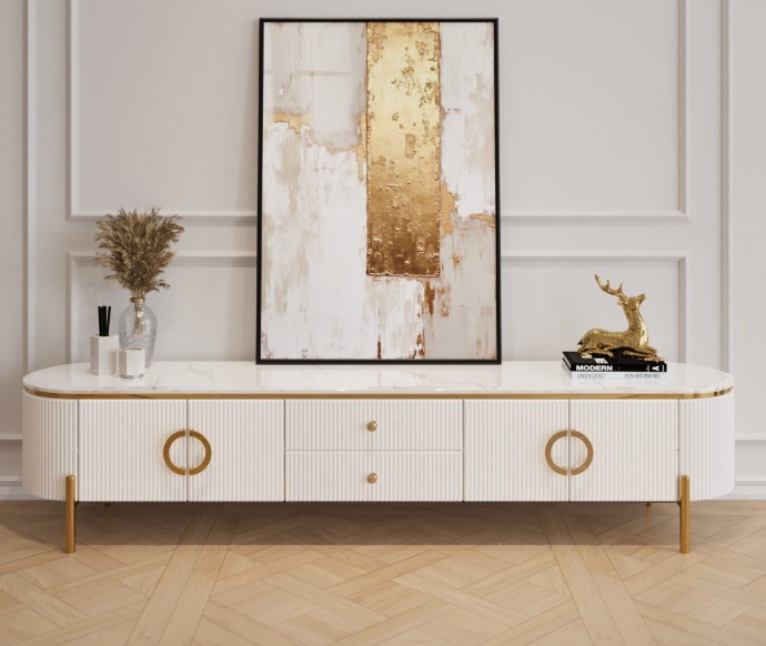 SZAFKA RTV Anne z dwiema szafkami i szufladami, złote, metalowe dodatki w błyszczącym wykończeniu, nowoczesny styl