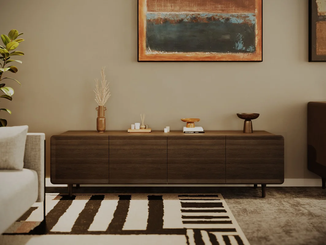 SZAFKA RTV Divine z czterema szafkami do przechowywania, ciemno brązowa kolorystyka, nowoczesny styl, piękna