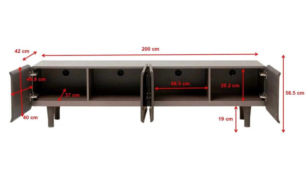 SZAFKA RTV Divine z czterema szafkami do przechowywania, ciemno brązowa kolorystyka, nowoczesny styl, wymiary