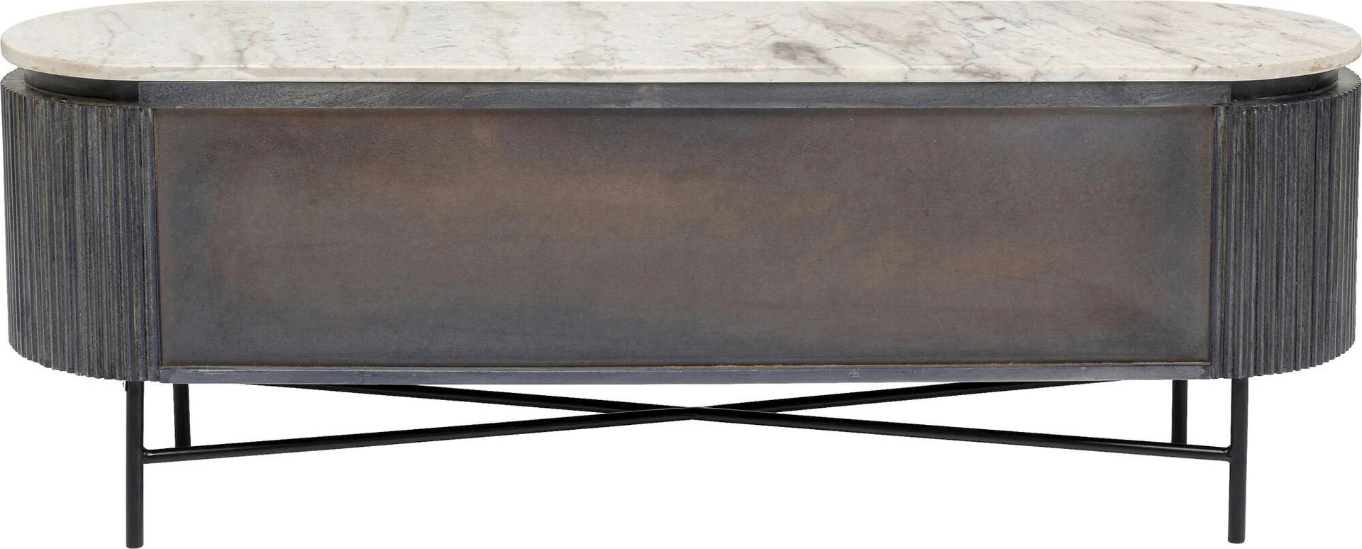 SZAFKA RTV Glenn na metalowych nogach z drewnianym, ryflowanym korpusem i biało-szarym marmurowym blatem, nowoczesna, najwyższa jakość