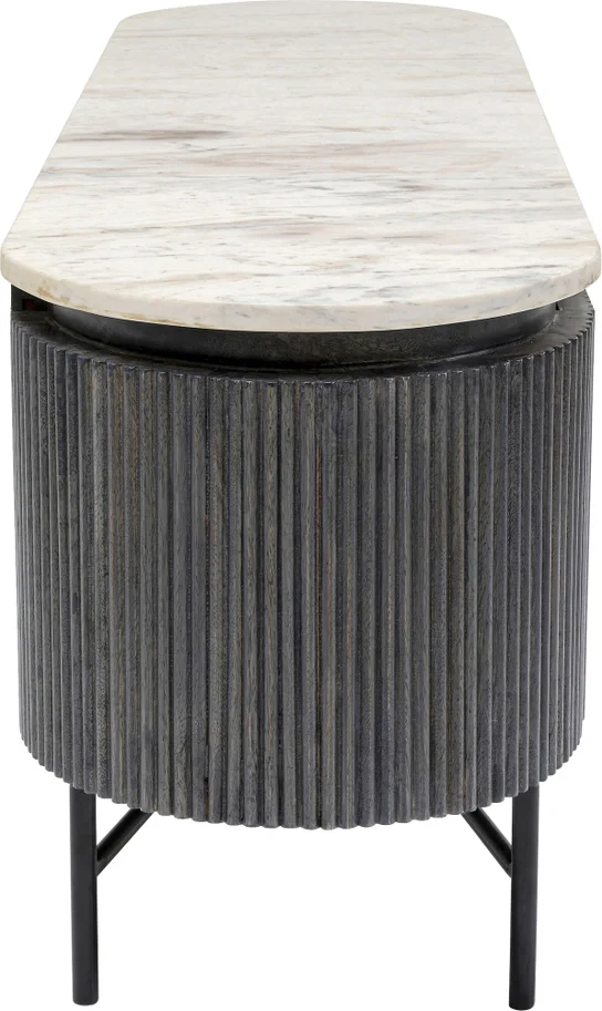 SZAFKA RTV Glenn na metalowych nogach z drewnianym, ryflowanym korpusem i biało-szarym marmurowym blatem, nowoczesna, pod telewizor