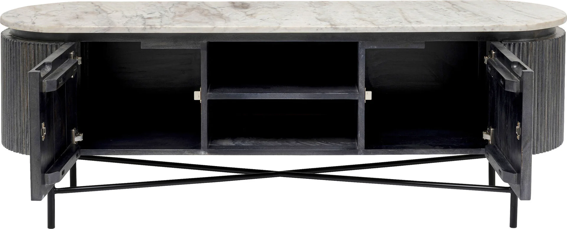 SZAFKA RTV Glenn na metalowych nogach z drewnianym, ryflowanym korpusem i biało-szarym marmurowym blatem, nowoczesna, pojemna