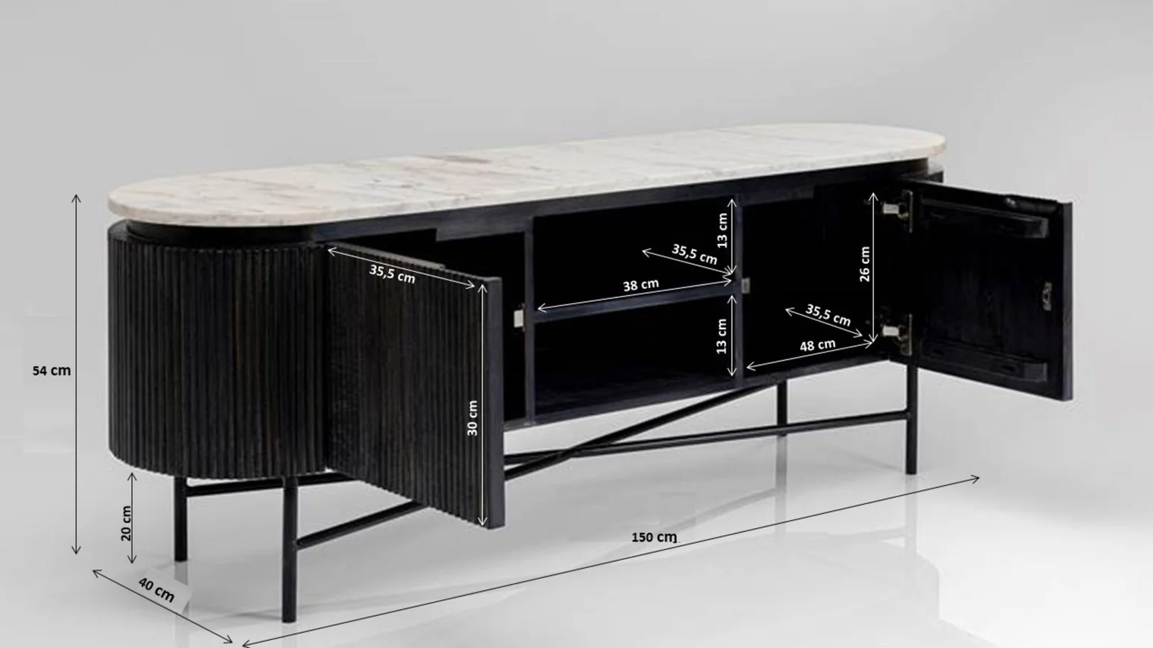 SZAFKA RTV Glenn na metalowych nogach z drewnianym, ryflowanym korpusem i biało-szarym marmurowym blatem, nowoczesna, wymiary