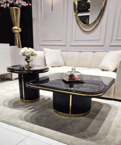 ZESTAW STOLIKÓW KAWOWYCH Prestige Nero 2w1 czarna, ryflowana podstawa, złote błyszczące detale, blaty z konglomeratu marmurowego