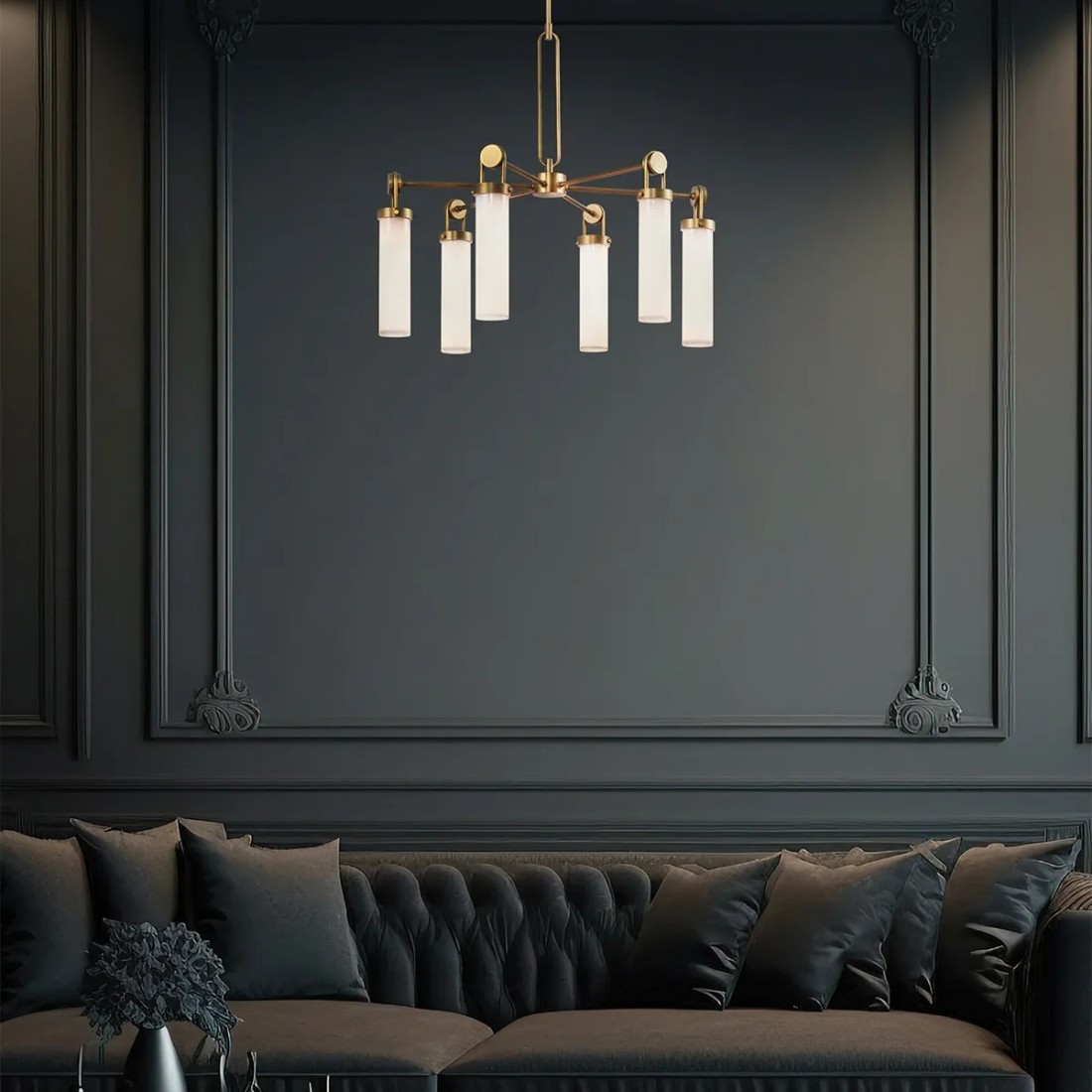 ŻYRANDOL Wynwood z 6 źródłami światła, metalowa oprawa w kolorze vintage mosiądzu, mleczne, szklane klosze, do salonu