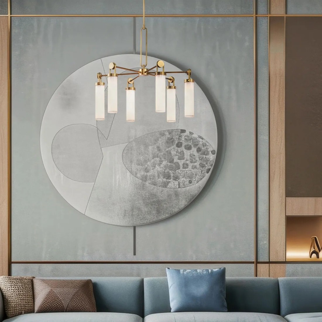 ŻYRANDOL Wynwood z 6 źródłami światła, metalowa oprawa w kolorze vintage mosiądzu, mleczne, szklane klosze, elegancki