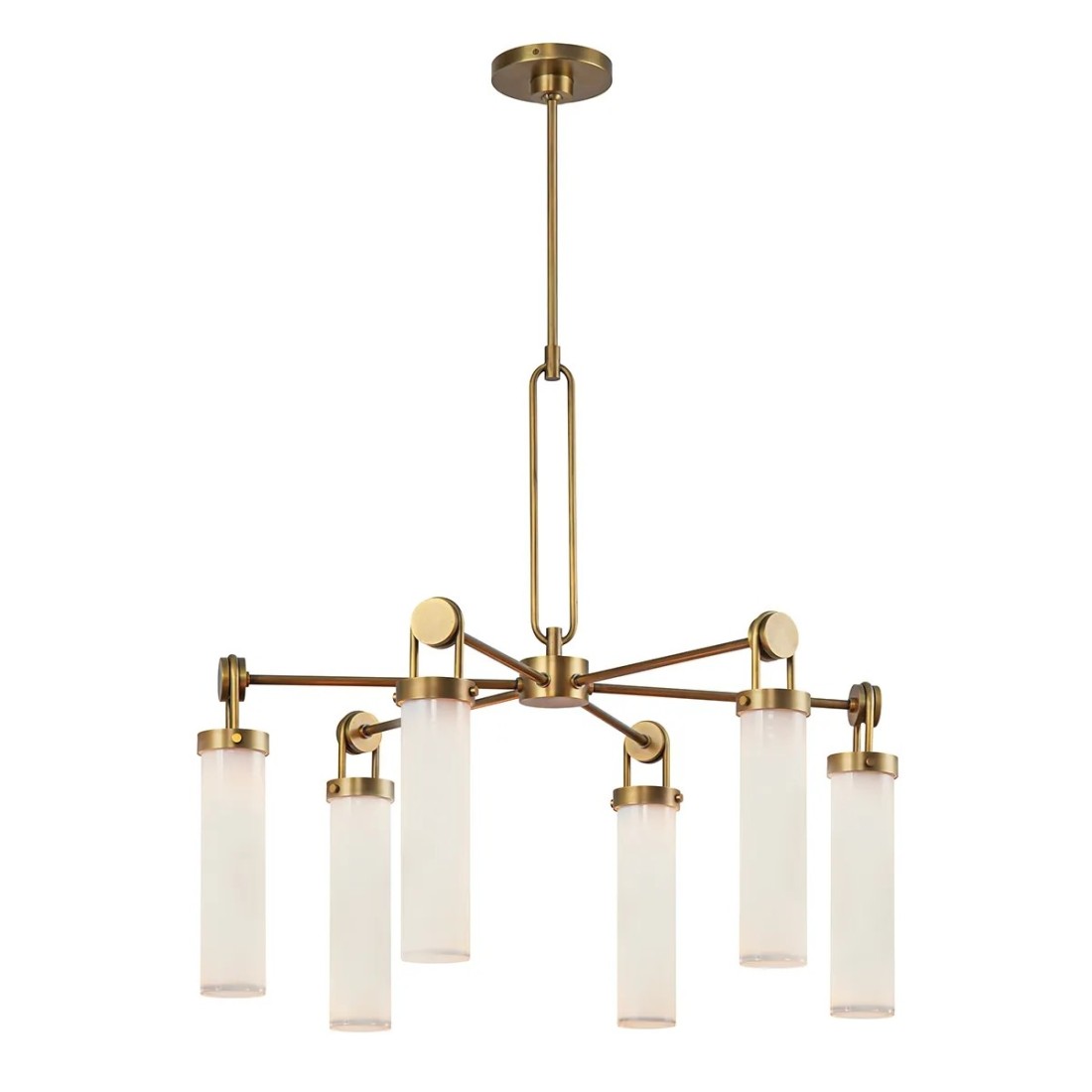ŻYRANDOL Wynwood z 6 źródłami światła, metalowa oprawa w kolorze vintage mosiądzu, mleczne, szklane klosze