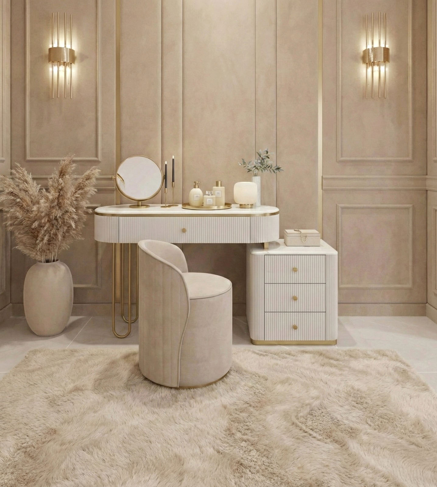 EKSKLUZYWNY ZESTAW TOALETKOWY z kolekcji Anne Fosco, biała, ryflowane detale, blat z konglomeratu marmurowego, metalowe detale z złotym, szczotkowanym wykończeniu, nowoczesny styl