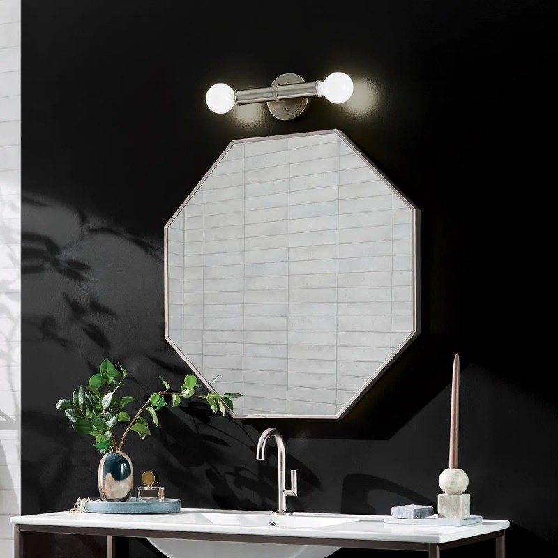 KINKIET Torche z 2 źródłami światła, metalowa oprawa w niklowanym kolorze, delikatne, ryflowane detale, do łazienki KINKIET Torche z 2 źródłami światła, metalowa oprawa w niklowanym kolorze, delikatne, ryflowane detale, do łazienki