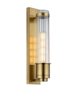 KINKIET Wellington podłużny z ramą w kolorze szczotkowanego mosiądzu, szklany, prążkowany abażur, vintage styl