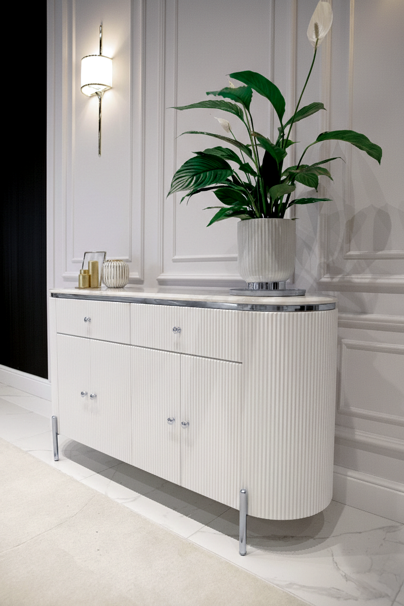 KOMODA Anne Silver biała, ryflowana na srebrnych metalowych nóżkach, blat z konglomeratu marmurowego, nowoczesny styl