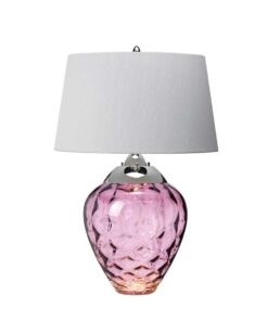 LAMPA STOŁOWA Samara, szklana podstawa w fioletowym wydaniu, materiałowy abażur, metalowy detal w kolorze polerowanego niklu, nowoczesny styl