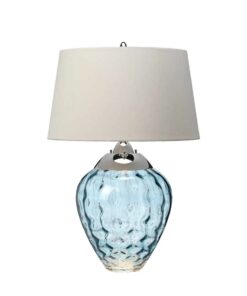 LAMPA STOŁOWA Samara, szklana podstawa w niebieskim wydaniu, materiałowy abażur, metalowy detal w kolorze polerowanego niklu, nowoczesny styl