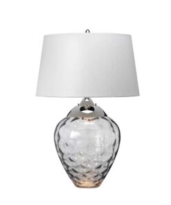 LAMPA STOŁOWA Samara, szklana podstawa w szarym wydaniu, materiałowy abażur, metalowy detal w kolorze polerowanego niklu, nowoczesny styl