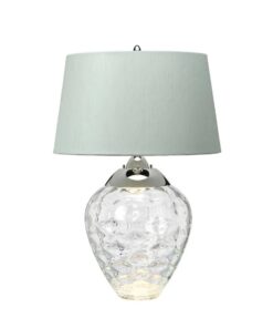 LAMPA STOŁOWA Samara, szklana podstawa w transparentnym wydaniu, materiałowy abażur, metalowy detal w kolorze polerowanego niklu, nowoczesny styl