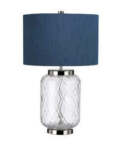 LAMPA STOŁOWA Sola z transparentną, szklaną podstawą o diamentowej strukturze, niebieski abażur, metalowe dodatki w kolorze polerowanego niklu, jedno źródło