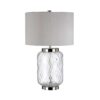 LAMPA STOŁOWA Sola z transparentną, szklaną podstawą o diamentowej strukturze, szary abażur, metalowe dodatki w kolorze polerowanego niklu, jedno źródło