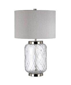LAMPA STOŁOWA Sola z transparentną, szklaną podstawą o diamentowej strukturze, szary abażur, metalowe dodatki w kolorze polerowanego niklu, jedno źródło