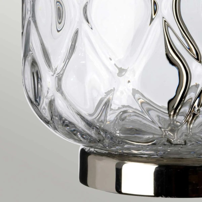 LAMPA STOŁOWA Sola z transparentną, szklaną podstawą o diamentowej strukturze, szary abażur, metalowe dodatki w kolorze polerowanego niklu, jedno źródło, ekskluzywna