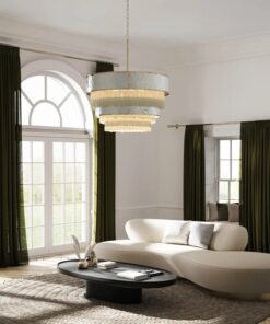 LAMPA WISZĄCA Reverie z 12 źródłami światła, dwa, jasnoszare, strukturalne pas, dekoracyjne kryształki, wykończenie w szampańskim złocie, do salonu